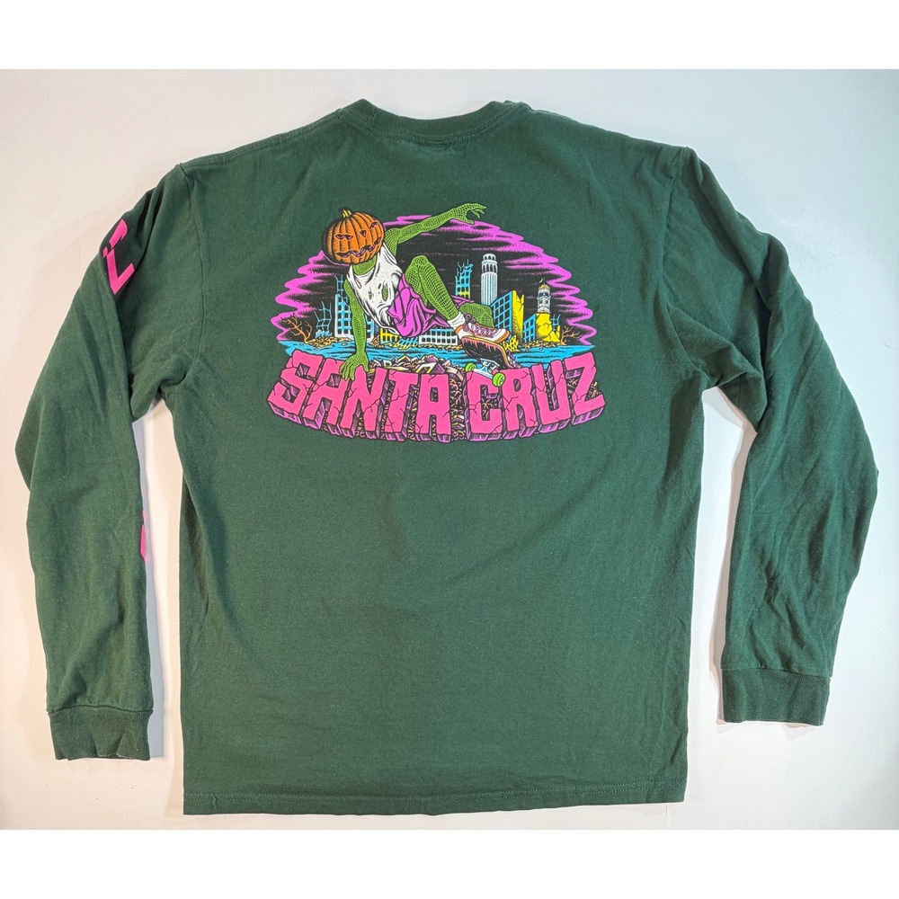 Santa Cruz Skateboards Mens Large Green Long Sleeve Pumpkin Skater Graphic Tee
